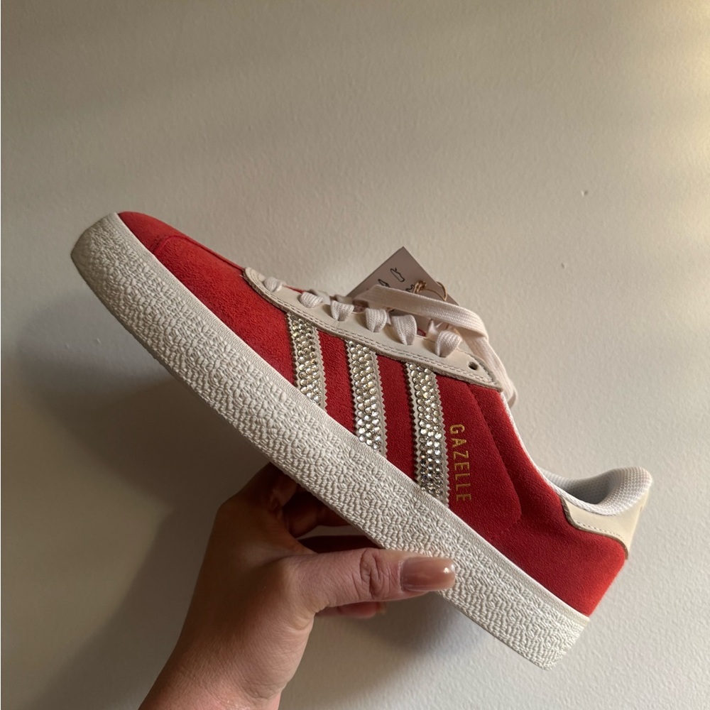 Adidas Gazelle Red and White Sneakers with Rhinestone Outer Stripes